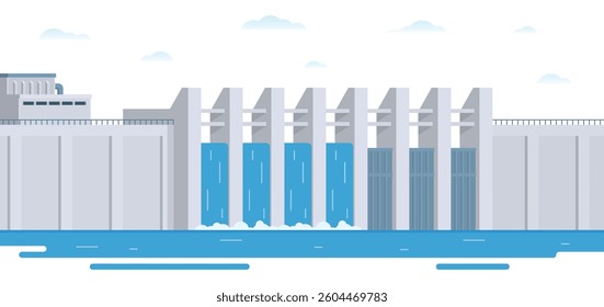 Hydroelectric dam with flowing water and environment. Editable Vector Illustration of a Renewable Energy Concept	
