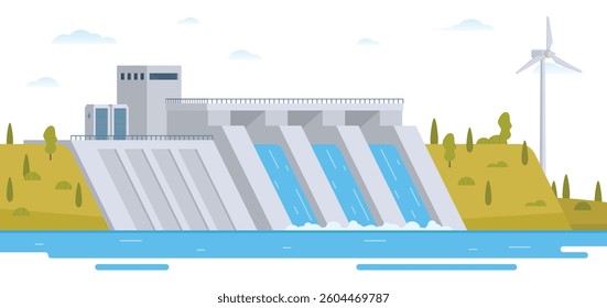 Hydroelectric dam with flowing water and environment. Editable Vector Illustration of a Renewable Energy Concept	