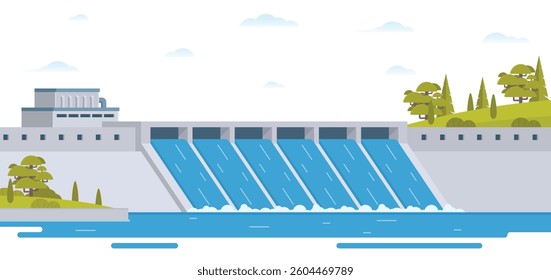 Hydroelectric dam with flowing water and environment. Editable Vector Illustration of a Renewable Energy Concept	