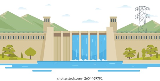 Hydroelectric dam with flowing water and environment. Editable Vector Illustration of a Renewable Energy Concept	