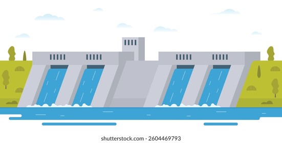 Hydroelectric dam with flowing water and environment. Editable Vector Illustration of a Renewable Energy Concept	