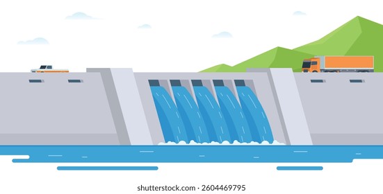 Hydroelectric dam with flowing water and environment. Editable Vector Illustration of a Renewable Energy Concept	