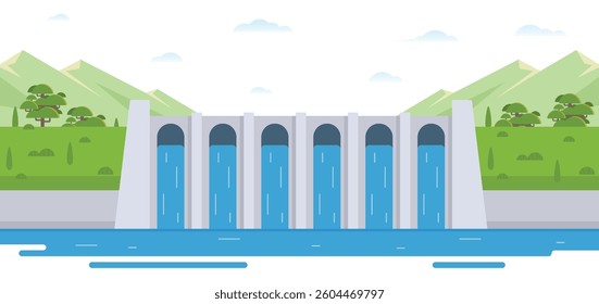 Hydroelectric dam with flowing water and environment. Editable Vector Illustration of a Renewable Energy Concept	