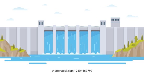 Hydroelectric dam with flowing water and environment. Editable Vector Illustration of a Renewable Energy Concept	