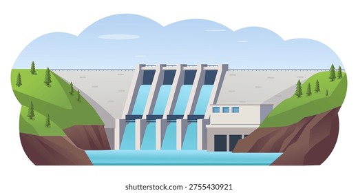 Hydroelectric dam with flowing water in flat style on landscape background, concept of renewable energy. Vector illustration