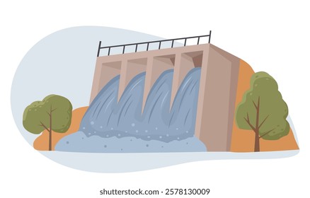 Hydroelectric dam with flowing water illustration. Vector illustration