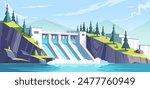 Hydroelectric dam with flowing water, modern vector illustration style, mountainous background, renewable energy concept. Vector illustration