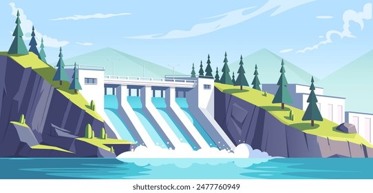 Represa hidroeléctrica con agua corriente, estilo de Ilustración vectorial moderna, fondo montañoso, concepto de energía renovable. Ilustración vectorial