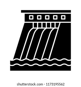 Hydroelectric dam glyph icon. Silhouette symbol. Water energy plant. Hydropower. Hydroelectricity. Negative space. Vector isolated illustration