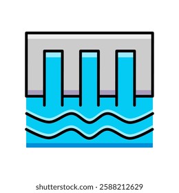 Hydroelectric Dam Icon with Flowing Water, Representing Renewable Energy and Power Generation