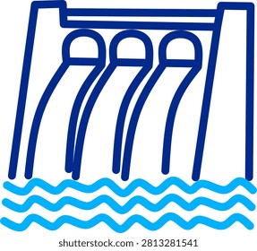 Hydroelectric dam icon with flowing water. Clean outline vector representing renewable energy, water management, electricity, and infrastructure.