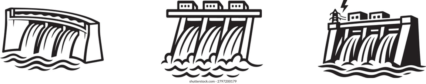 Hydroelectric dam icon set with spillways, power generation, water control and infrastructure symbols.