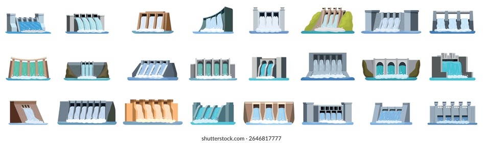Hydroelectric dam icons set. Various hydroelectric dam designs showcasing renewable energy generation and water resource control