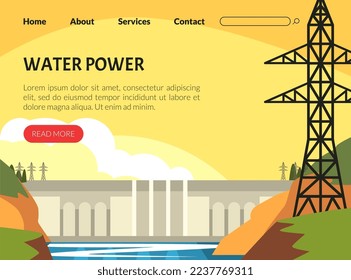 Hydroelectric Dam Landing Page as Renewable Green Water Power and Energy Source Vector Template