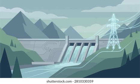 hydroelectric dam in mountainous landscape with power lines.