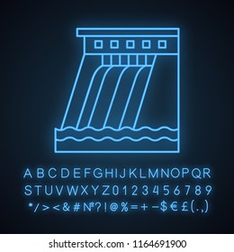 Hydroelectric dam neon light icon. Water energy plant. Hydropower. Hydroelectricity. Glowing sign with alphabet, numbers and symbols. Vector isolated illustration
