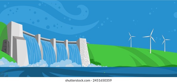 Hydroelectric dam, hydroelectric power plant, green energy, renewable energy sources - vector illustration	