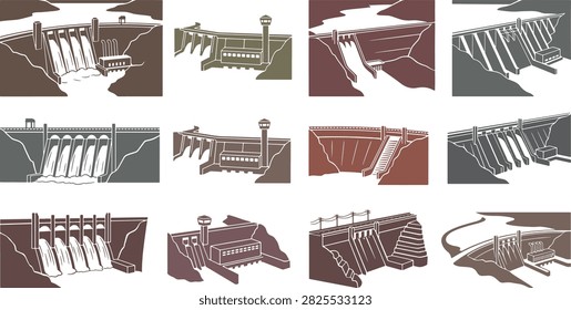Hydroelectric dam power station infrastructure vector set, water, reservoir, energy, spillway, electricity