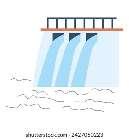 Hydroelectric dam. Vector illustration in flat style with renewable energy theme. Editable vector illustration.