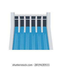 Hydroelectric Dam Vector Illustration with Flowing Water from Spillways for Renewable Energy Source