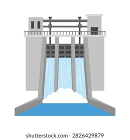 Hydroelectric Dam Vector Illustration with Flowing Water and Spillways for Renewable Energy Concept