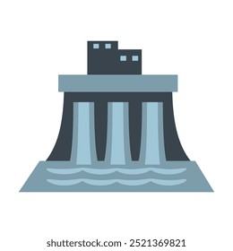A hydroelectric dam with water flowing through its gates. Renewable energy and power generation. Ideal for energy, environmental, and infrastructure themes illustration.