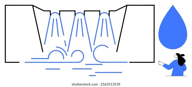 A hydroelectric dam with water gracefully flowing through turbines and a woman pointing at a large water drop symbol. Ideal for hydropower, energy generation, engineering, water management