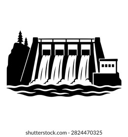 Hydroelectric Dam with Water Gushing Through Four Spillway Gates and Pine Trees, Black Vector Silhouette for Renewable Energy and Sustainable Power Projects
