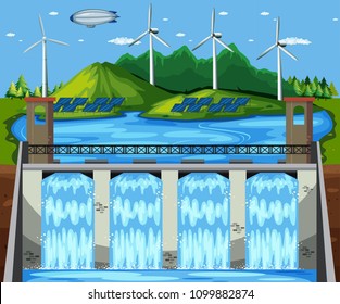 Hydroelectric dam with wind power. Green energy concept.