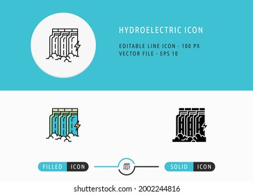 Hydroelectric icons set editable stroke vector illustration. Energy power resource symbol. Icon line style on isolated background for ui mobile app, web design, and presentation.