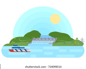 Hydroelectric Plant On A River With A Reservoir Flat Bright Vector Illustration