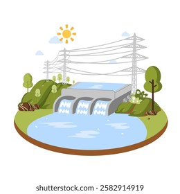 Hydroelectric power generation from a dam shows the power of water as a renewable energy source and sustainable energy.