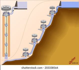 Hydroelectric Power Generation . schematic view of a hydro power plant. Water flowing in high altitude rivers 