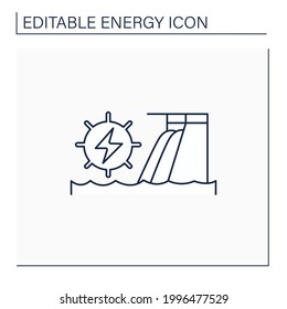 Hydroelectric power line icon.Harnesses water power. Waterfall energy generates electricity. Electrostation concept. Isolated vector illustration. Editable stroke