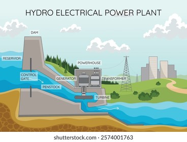 Hydroelectric power plant. Alternative energy concept, factory electric. Water power station with dam on the river. Vector illustration