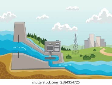 Hydroelectric power plant. Alternative energy concept, factory electric. Water power station with dam on the river. Vector illustration