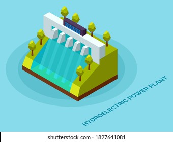 Hydroelectric power plant. Clean energy and electricity concept. Energy electric, alternative hydroelectric, hydro turbine, vector illustration. Water power conversion station with green trees