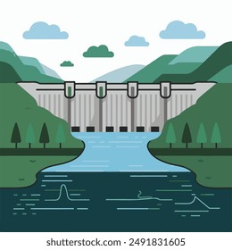 Hydroelectric power plant dam on river among nature. Vector minimalistic image about energy industry