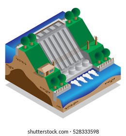 Hydroelectric power plant. Ecology. Isometric. Vector illustration.