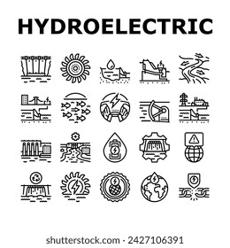 hydroelectric power plant energy icons set vector. hydro dam, station generator, water electricity green, electric industry hydroelectric power plant energy black contour illustrations