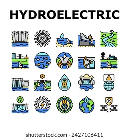 hydroelectric power plant energy icons set vector. hydro dam, station generator, water electricity green, electric industry hydroelectric power plant energy color line illustrations