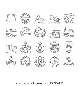 hydroelectric power plant energy icons set vector. hydro dam, station generator, water electricity green, electric industry hydroelectric power plant energy black contour illustrations