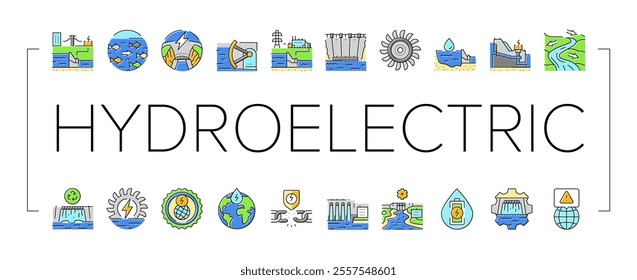 hydroelectric power plant energy icons set vector. hydro dam, station generator, water electricity green, electric industry hydroelectric power plant energy color line illustrations