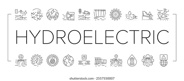 hydroelectric power plant energy icons set vector. hydro dam, station generator, water electricity green, electric industry hydroelectric power plant energy black contour illustrations