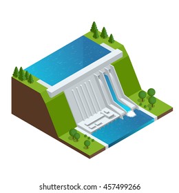 Hydroelectric Power Plant. Factory Electric. Water Power Station Dam Electricity Grid Energy Supply Chain. Flat 3d vector Illustration Isometric Building.