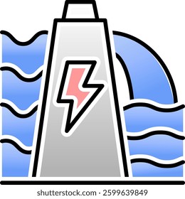 Hydroelectric power plant icon. Modern hydropower and dam illustrator. Water energy symbol.