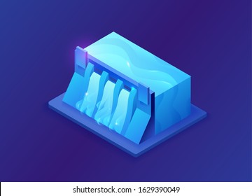 Hydroelectric power plant isometric vector illustration,  3d blue neon electric energy station 