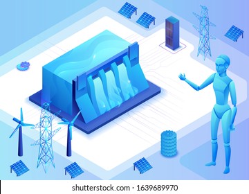 Hydroelectric power plant isometric vector illustration,  3d blue neon electric energy station and robot
