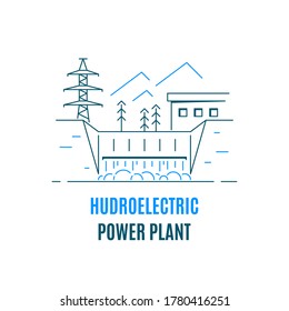 Hydroelectric Power Plant, Logo Or Icon Design. Water Energy Concept. Flat Style Line Art Illustration Isolated On White Background.