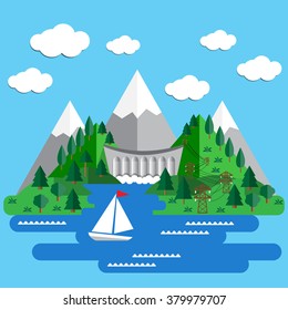 Hydroelectric power plant on a blue background. Ecology. Vector illustration.